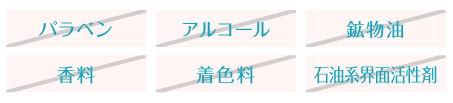 パラベンフリー、アルコールフリー、鉱物油フリー、香料フリー、着色料フリー、石油系界面活性剤フリー